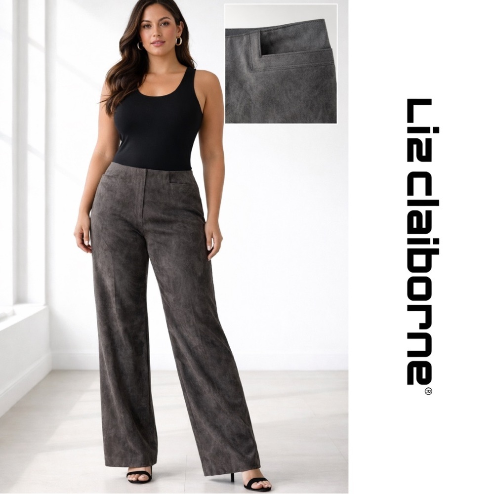 Liz Claiborne Michaela Suede Microfiber Brown Wide Leg Trousers Pants 14 large